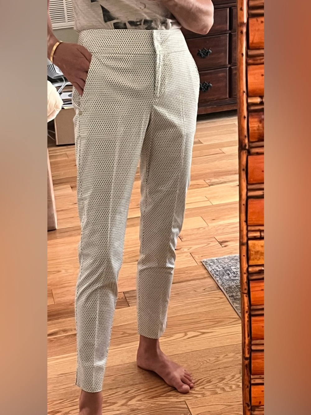 Women's Slim Ankle Pants in White with Green Micro Dot